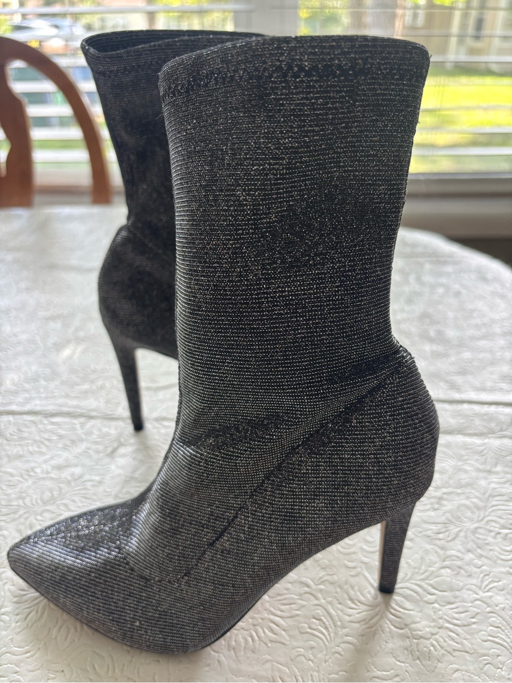 Express Black Glitter Pointed Toe Stiletto Sock Boots, Size 6